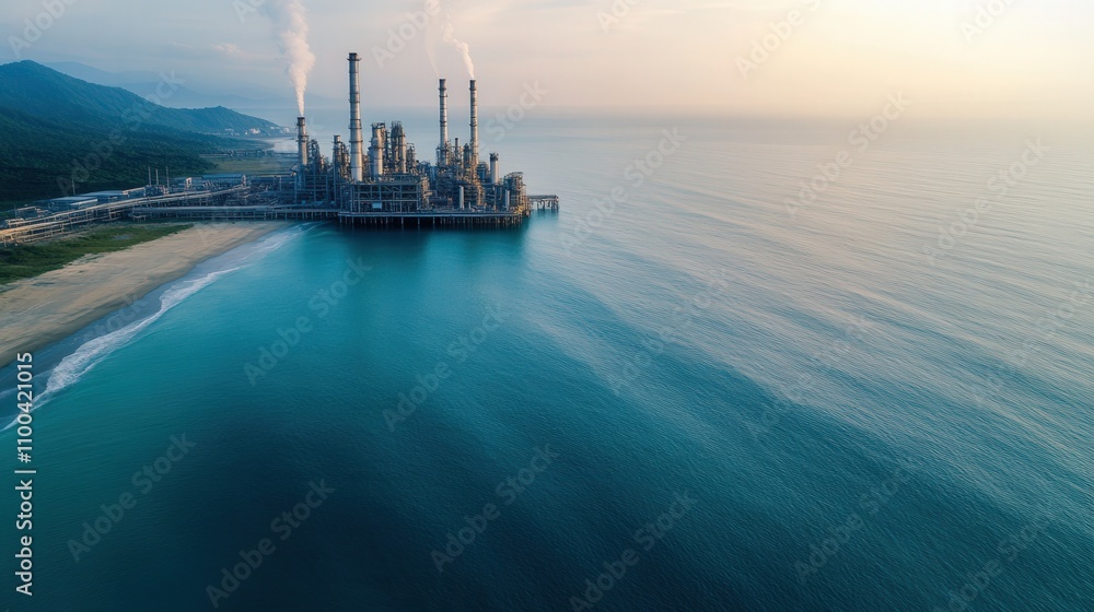 Fototapeta premium Industrial facility along serene coast during sunset, showcasing advanced technology and tranquil waters with distant mountains in view