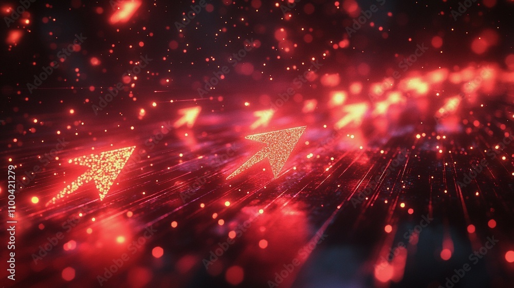 Obraz premium Red Arrows Down - red, arrows, down, abstract, background, light, glow, digital, dark, sparkles, bright, pattern, texture, graphic, motion, design, concept