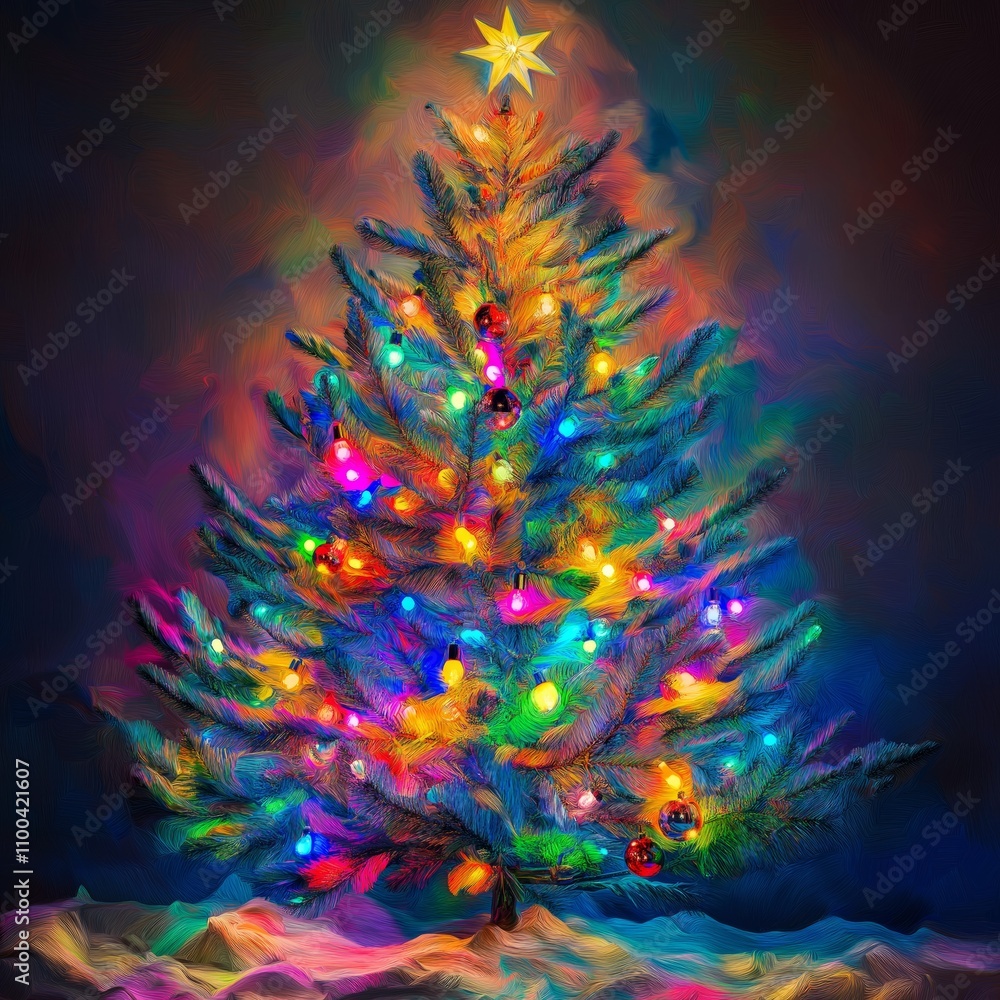 Fototapeta premium Christmas tree shining with colorful lights in pop art style