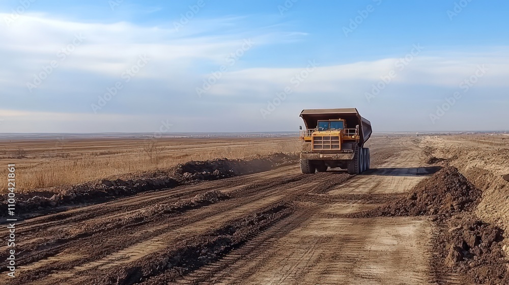 Fototapeta premium Large dump truck driving on a dirt road in a flat landscape.