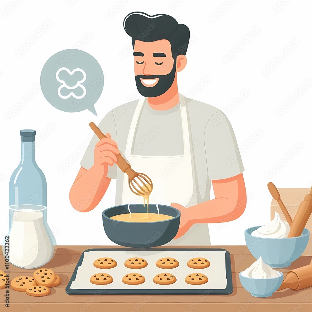 Minimalistic flat style illustration of a man baking cookies, set against a clean white background. Perfect for cooking, baking, and culinary-themed projects. Minimalistic flat style illustration of a man baking cookies, set against a clean white background. Perfect for cooking, baking, and culinary-themed projects.