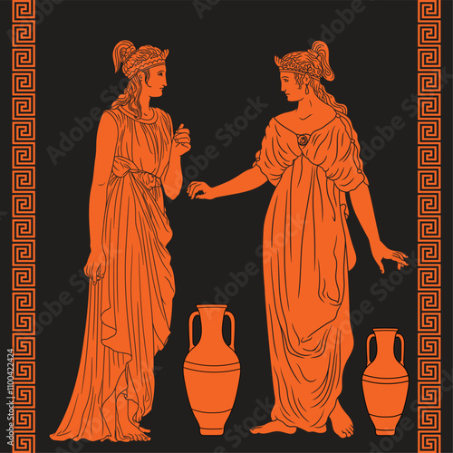 Two ancient Greek women in tunics are sitting on chairs and talking.