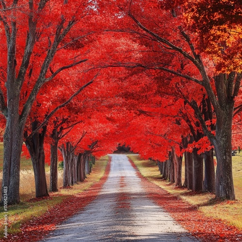 A scenic autumn road bordered by vibrant red-leaf trees, showcasing a beautiful display of colorful foliage