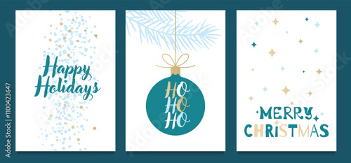 Set of three Christmas greeting cards with festive designs. Flat illustrations with confetti, ornament with fir branch and Merry Christmas text with stars. 