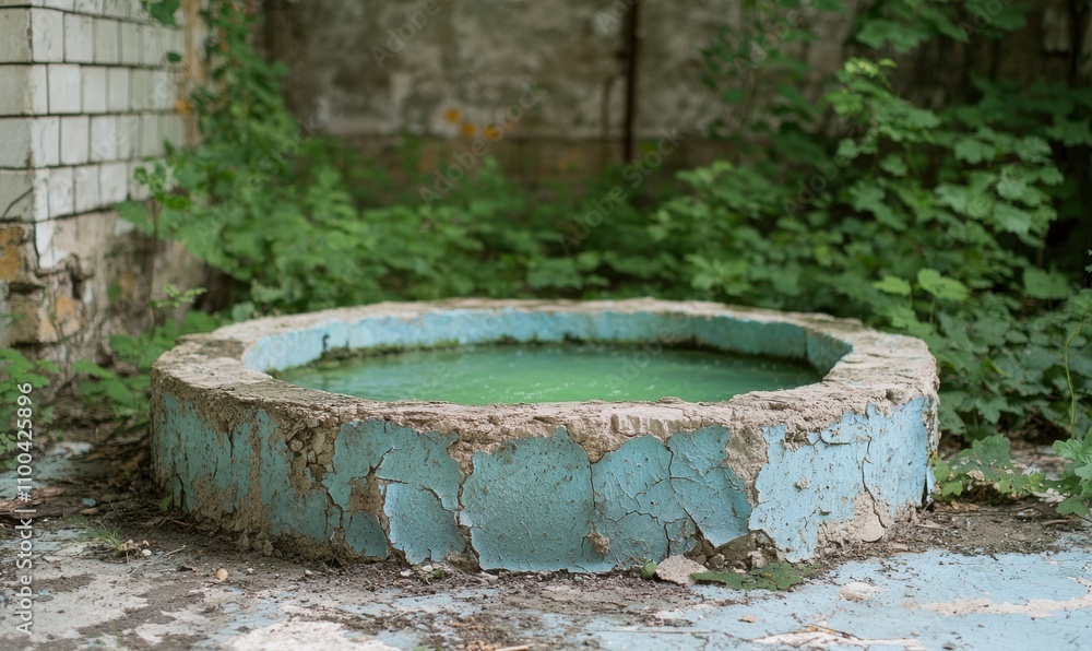 Fototapeta premium Abandoned concrete pool in overgrown forest