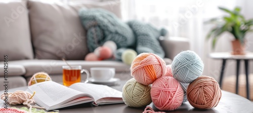 Cozy Knitting Setup with Pastel Yarn and Tea for Relaxing Craft Time at Home photo