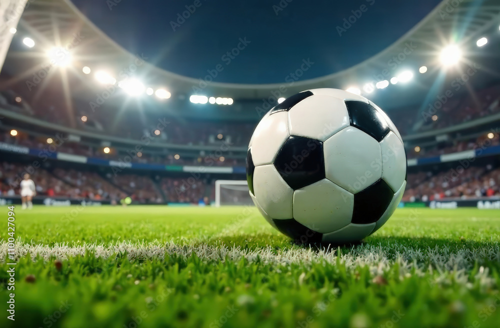 Naklejka premium soccer ball on stadium, close-up