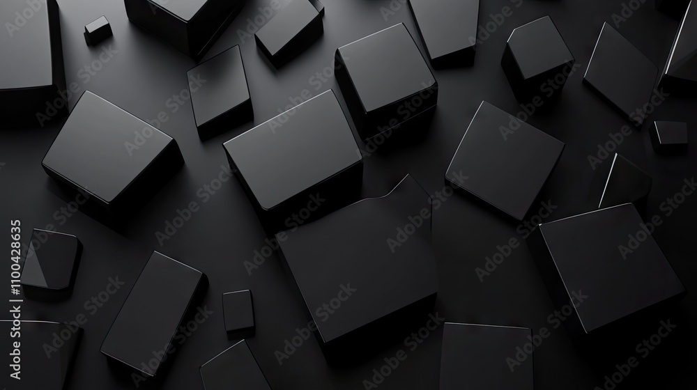 Obraz premium A dynamic arrangement of sleek, black geometric shapes on a dark surface, creating a modern and abstract aesthetic.