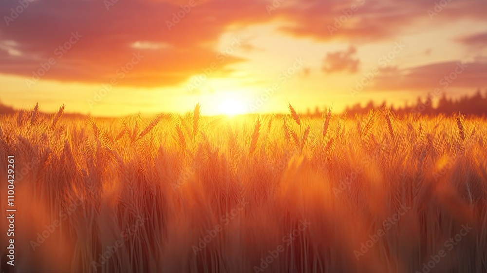 Fototapeta premium A golden sunset casts a warm glow over a field of ripe wheat, creating a serene and tranquil rural scene.