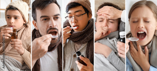 Set of sick people taking c...