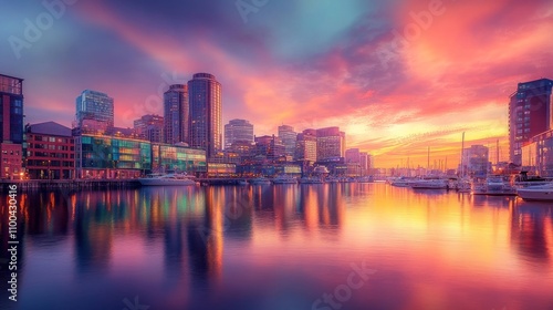 Wallpaper Mural Sunset Cityscape Reflection Illuminating Vibrant Urban Harbor with Stunning Skyline and Boats Torontodigital.ca
