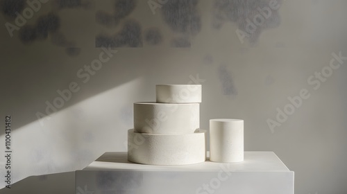 Minimalist still life featuring layered white cylind AI generated illustration photo