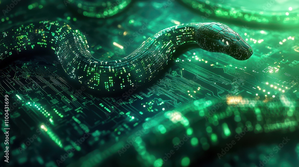 Obraz premium Digital Circuit Board Snake Border on Matrix Green: LED Highlighting, Binary Code Framed Perimeter, 80% Central Copy Space, 8K Resolution with Micro-Detail Illumination.