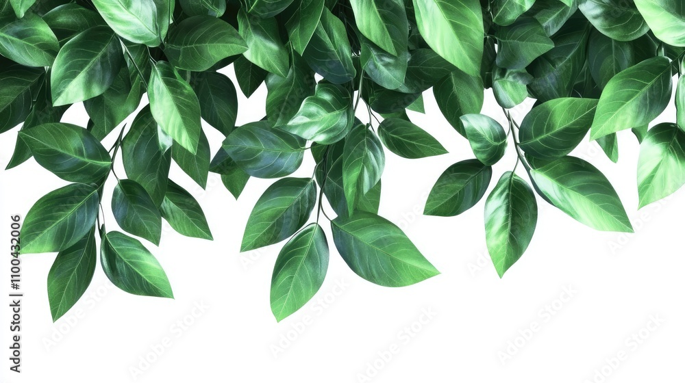 Obraz premium Vibrant green leaves cascading against a white background, creating a fresh, natural atmosphere.