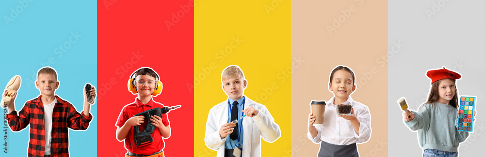 Set of different children in uniforms of different professions on color background Set of different children in uniforms of different professions on color background