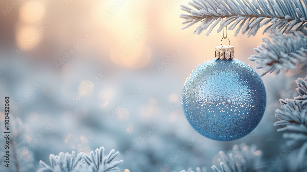 Shining blue Christmas ornament hanging on frosty pine branch with warm winter light Shining blue Christmas ornament hanging on frosty pine branch with warm winter light
