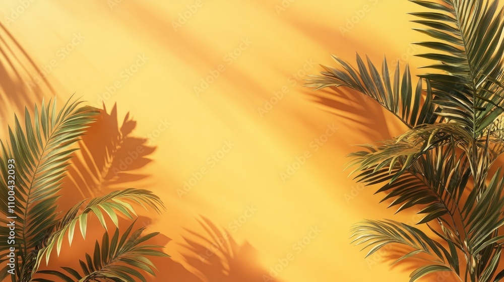 Fototapeta premium Vibrant green palms cast shadows on a warm yellow background, creating a tropical and cheerful atmosphere.