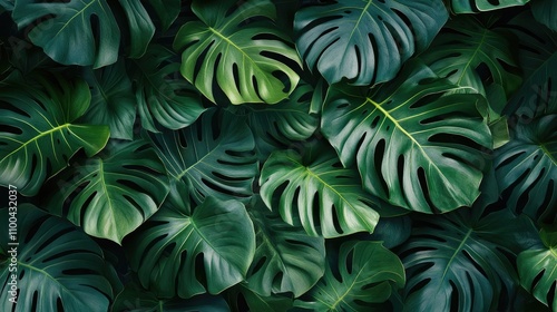 Vibrant close-up of lush green monstera leaves, creating a tropical and serene atmosphere.