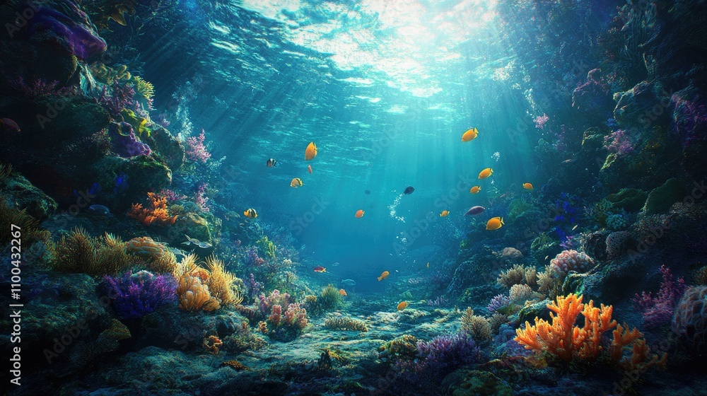 Obraz premium A vibrant underwater scene showcasing colorful corals and tropical fish amidst sunlit waters.