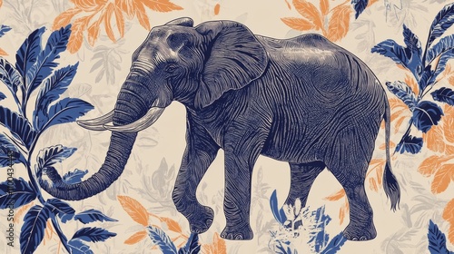 A refined single-line illustration of an elephant with its trunk in the air. photo