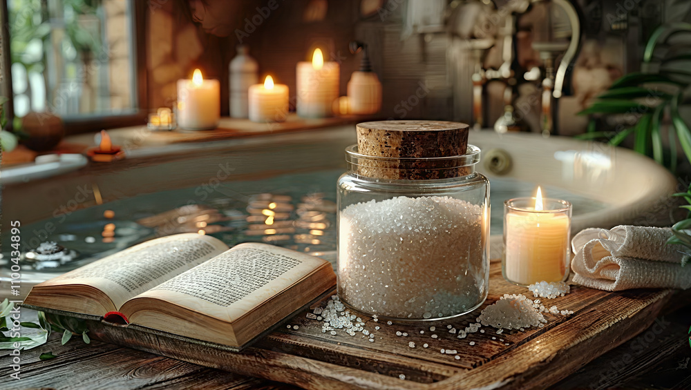 A blank bath salt jar mock-up, sitting on a wooden bathtub tray with candles and a book 3d illustration mock-up template. A blank bath salt jar mock-up, sitting on a wooden bathtub tray with candles and a book 3d illustration mock-up template.