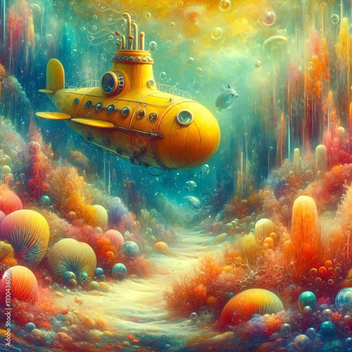 Yellow submarine in underwater world photo