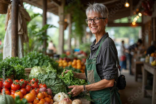 Smiling older woman wearing a green apron and glasses, standing behind a table filled with fresh produce at what appears to be a farmers market or grocery store.