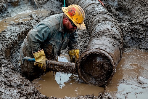 Hardworking laborer repairs pipeline in muddy construction site during daylight. Generative AI photo