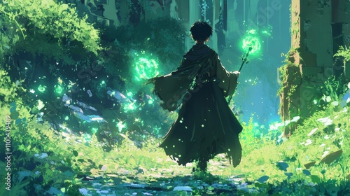 A digital illustration depicts a sci-fi character in a black cloak, brandishing a light spear, as a green explosion erupts behind them. photo