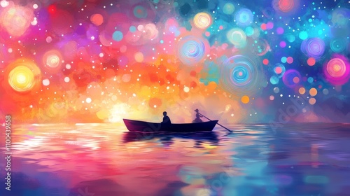 A digital illustration of a boy rowing a boat in a starry night sea, illuminated by an enigmatic light, painted in a digital art style. photo