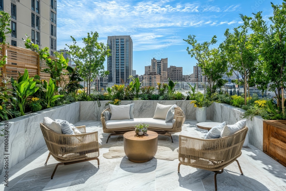 Fototapeta premium Rooftop patio; modern furniture, city view, lush plants.
