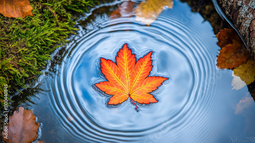 Vibrant autumn leaf floating in rippling water