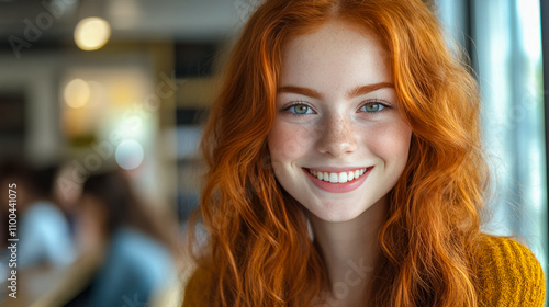 Wallpaper Mural Smiling young female with red hair and freckles in a bright room Torontodigital.ca