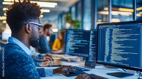 African male software developer writing code in modern office environment photo