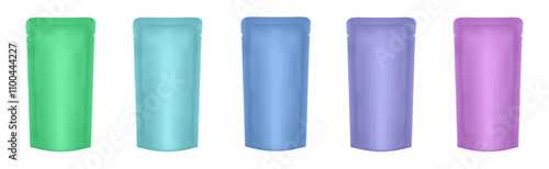Set of realistic foil pouches. Flexible pet food bags. Green, blue, purple and pink foil bags. Plastic sachet for coffee, candy, shack or nuts. Dog food pouch