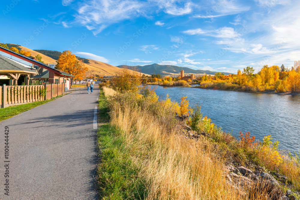 Αυτοκόλλητο View from the Riverfront Trail along the Clark Fork River of the University District and tower of the Boone Crockett Club Natural History Museum in downtown Missoula, Montana