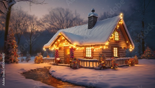 Wallpaper Mural 눈 덮인 작은 오두막 지붕 위에 반짝이는 크리스마스 조명이 걸려 있음 Torontodigital.ca