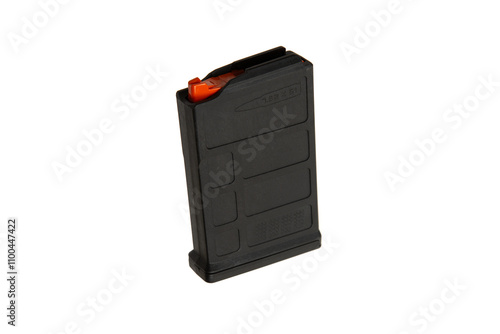 A black polymer rifle magazine with an orange follower, designed for 7.62x51mm ammunition, isolated on a white background. photo