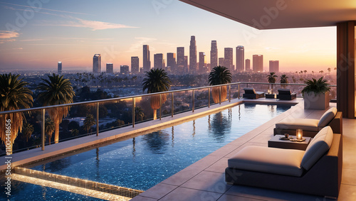 Wallpaper Mural Modern rooftop infinity pool overlooking los angeles skyline at sunset Torontodigital.ca