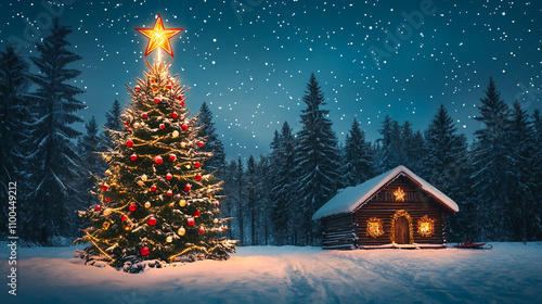 Vintage Christmas New Years greeting card with winter scene in countryside. House rooftop covered with snow decorated fir trees golden garland lights. Calm magical mood
