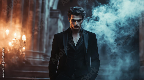 attractive young male vampire in a black fantasy suit. protagonist character of a romantic fantasy novel, candlelight, castle, smoke , evocative, alluring, possessive hero