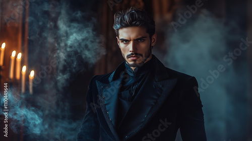 attractive young male vampire in a black fantasy suit. protagonist character of a romantic fantasy novel, candlelight, castle, smoke , evocative, alluring, possessive hero photo