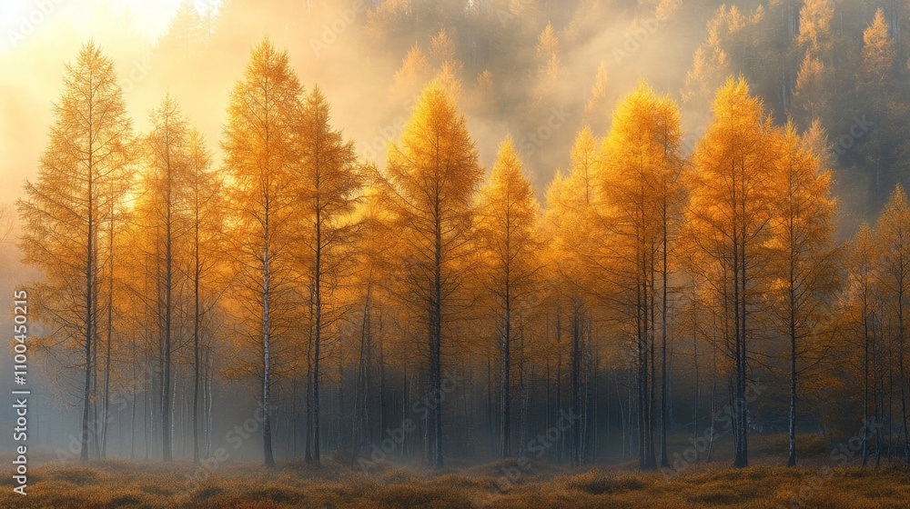 Fototapeta premium Golden Larch Trees in a Misty Autumn Forest