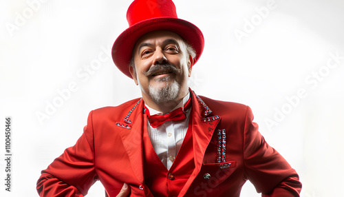 Portrait of a showman in a red suit and hat on a white background photo