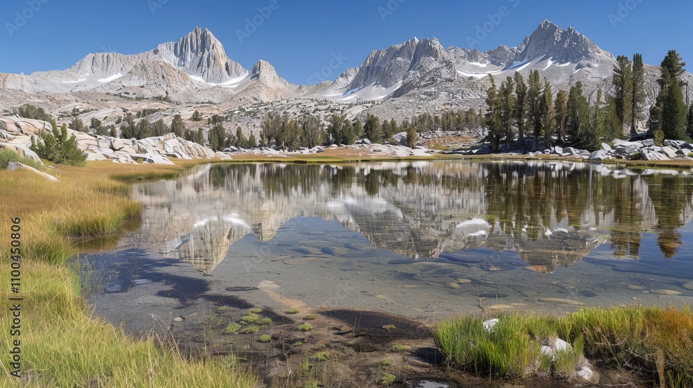 Fototapeta premium Serene lake reflecting majestic mountains amidst lush pine forests in tranquil nature setting