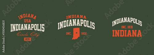 Set t-shirt stamps graphic, Indiana travel wear typography emblem Indianapolis vintage print