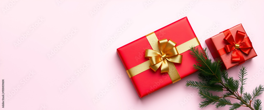 Two red gift boxes with golden ribbons arranged on a pink background alongside greenery, creating a vibrant and festive design. Two red gift boxes with golden ribbons arranged on a pink background alongside greenery, creating a vibrant and festive design.