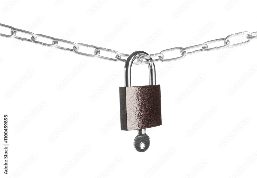 Chain with padlock and key on white background Chain with padlock and key on white background