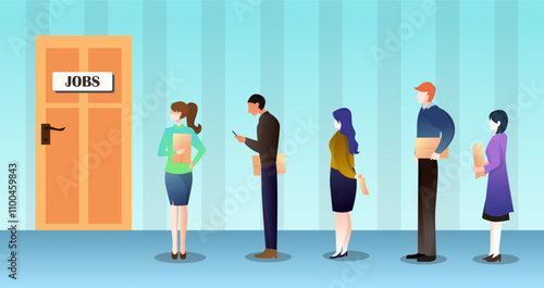 people line up for a job applicant, interviewing job search vector illustration, recruitment day