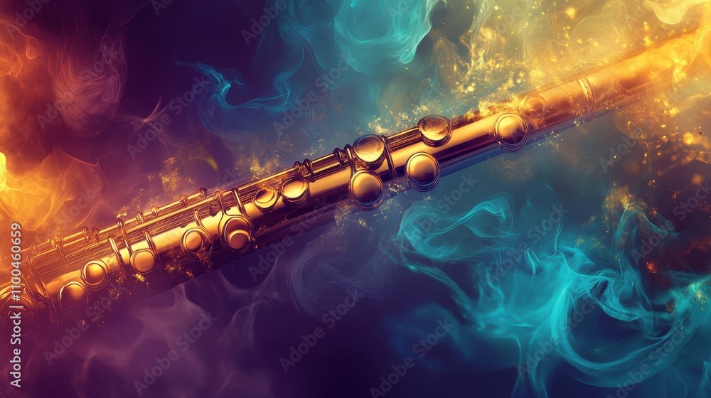 Obraz premium Metallic flute merges with liquid-like waves of turquoise and violet hues
